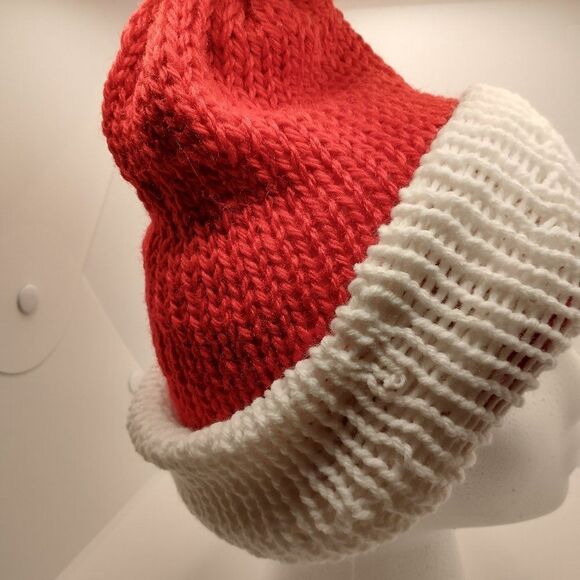 Handmade Hat Red White Unisex Winter Knit Warm Beanie Slouchy Ski Cap Po… - Picture 5 of 10